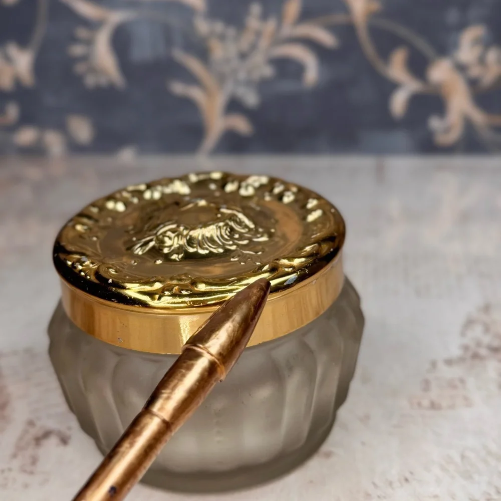 Vintage Estée Lauder Re-Nutriv Frosted Glass Vanity Powder Jar Gold Lid